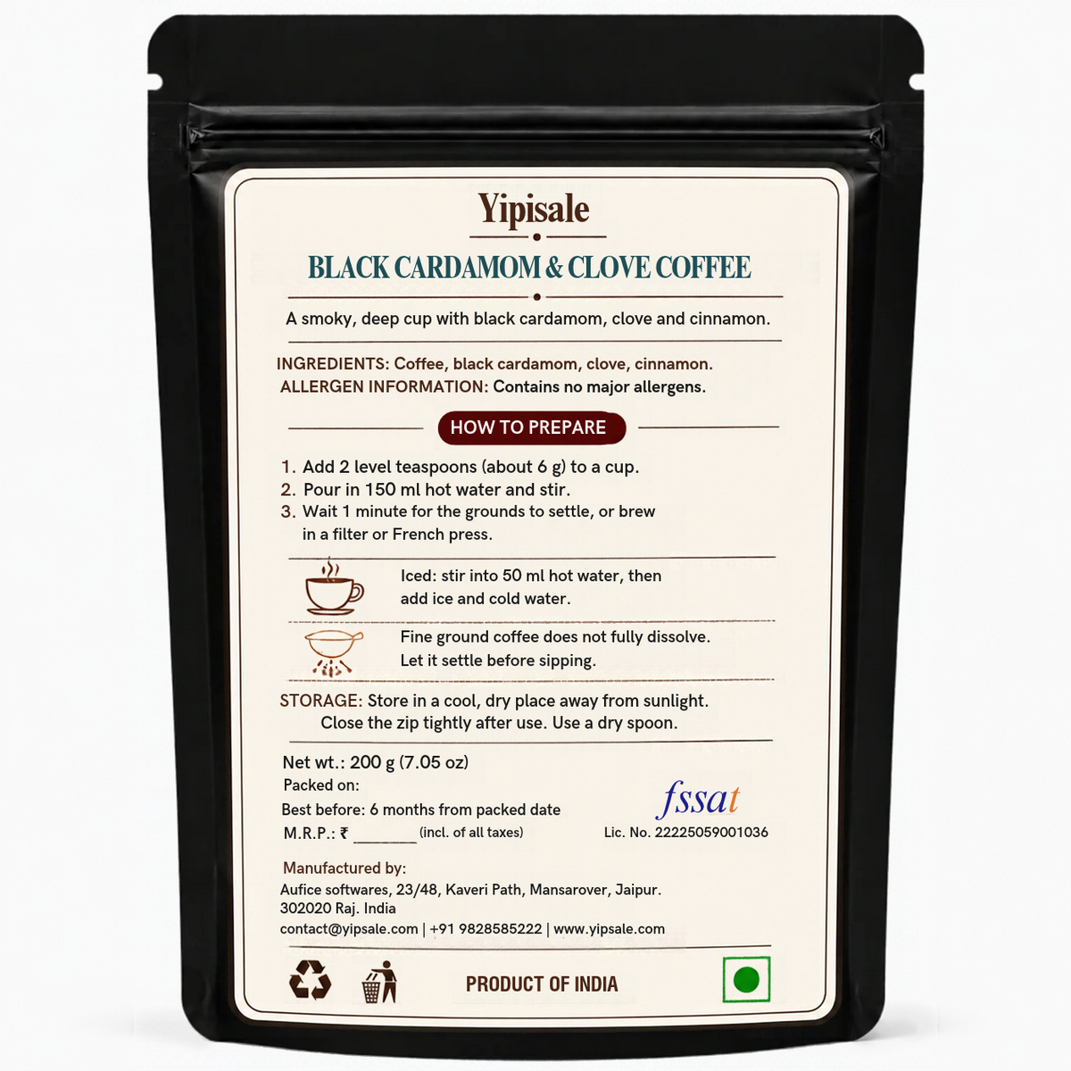 Black Cardamom & Clove Coffee | Smoky Spiced, Fine-Ground, 200 g