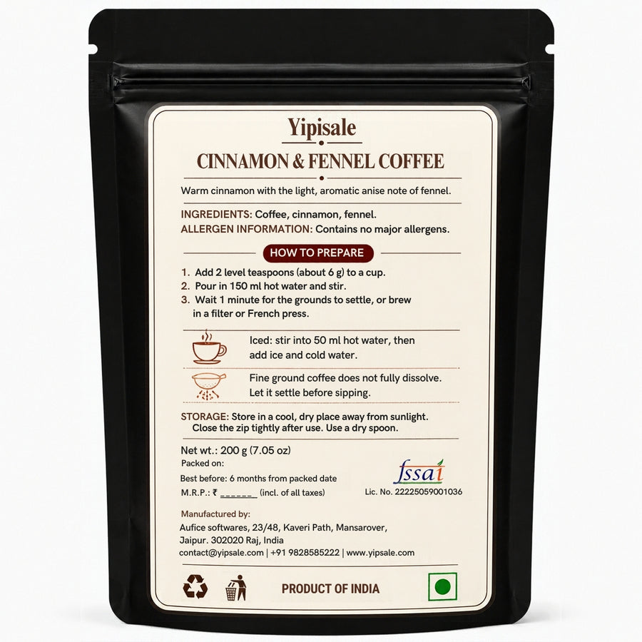 Cinnamon & Fennel Coffee | Café-Style Spiced, Fine-Ground, 200 g