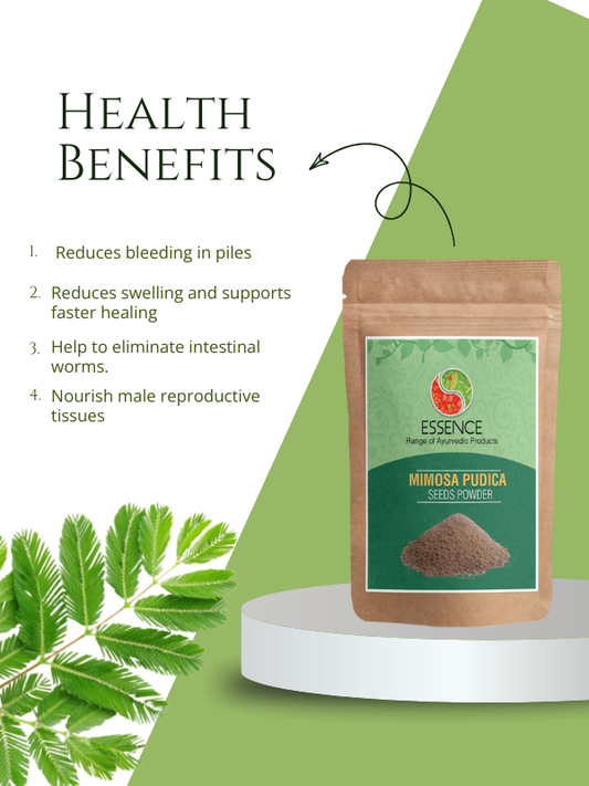 Herbal supplement packaging for Mimosa Pudica seed powder with health benefits info
