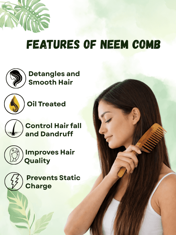 Woman using herbal neem hair comb for smooth, shiny hair