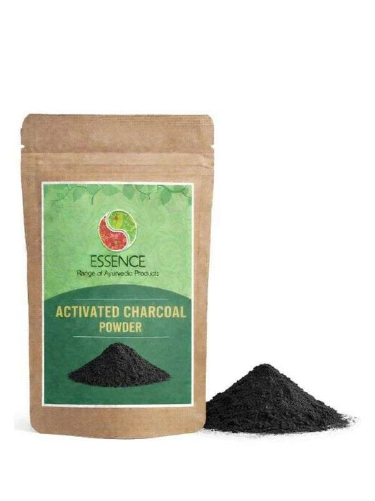 Package of Essence Activated Charcoal Powder with a small pile of powder on a white background