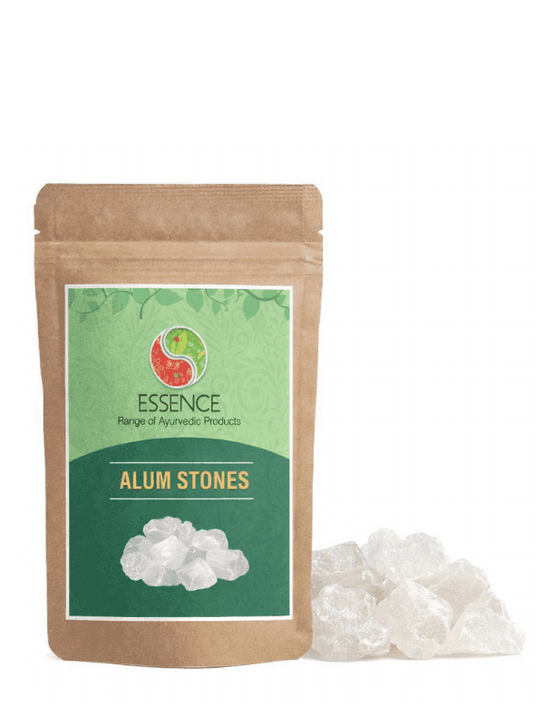 Package of Essence Alum Stones with green label on a white background