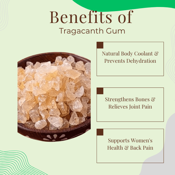 Tragacanth gum in a wooden bowl with text on its benefits on a light green background