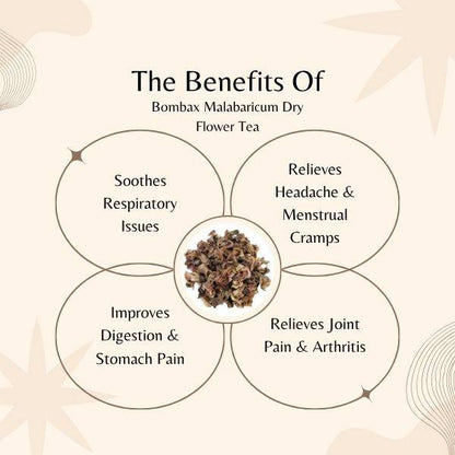 Diagram of the benefits of Bombax Malabaricum Dry Flower Tea on a beige background