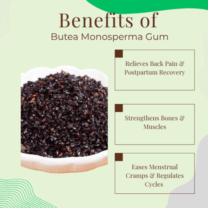 Butea Monosperma Gum with benefits listed on a green background
