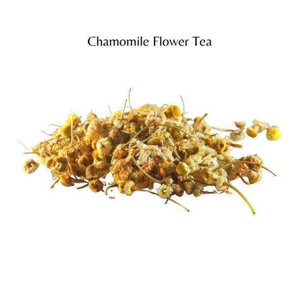 Dried chamomile flowers on a white background with 'Chamomile Flower Tea' text.