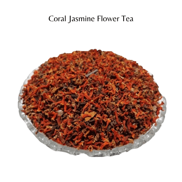 Coral Jasmine Flower Tea on a white background with text above.