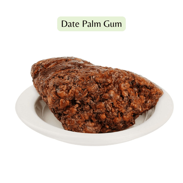 Date Palm Gum on a white plate with 'Date Palm Gum' text above