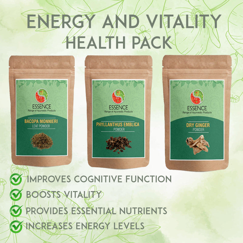 Essence Ayurveda ENERGY AND VITALITY Herbal Health Pack, Brahmi, Amla, Ginger Pack