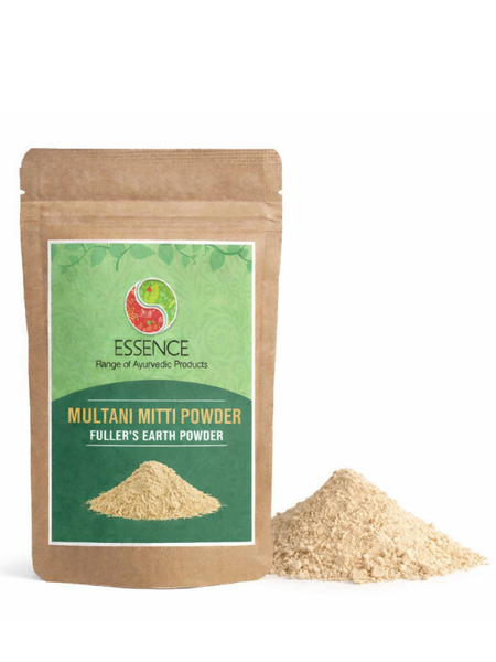 Kraft paper packaging of Multani Mitti Powder with a green label on a white background