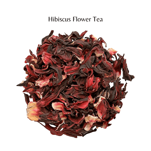 Dried hibiscus flower tea leaves on a white background with 'Hibiscus Flower Tea' text.