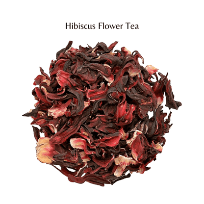 Dried hibiscus flower tea leaves on a white background with 'Hibiscus Flower Tea' text.