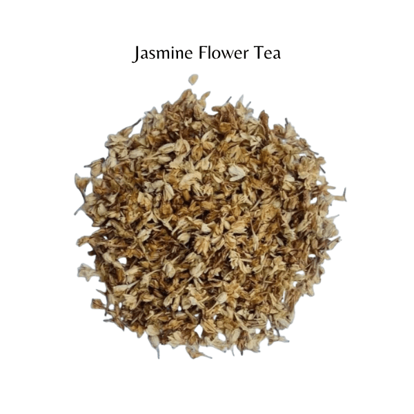 Dried jasmine flower tea leaves on a white background with 'Jasmine Flower Tea' text.