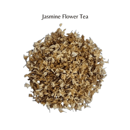 Dried jasmine flower tea leaves on a white background with 'Jasmine Flower Tea' text.