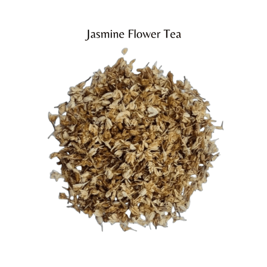 Dried jasmine flower tea leaves on a white background with 'Jasmine Flower Tea' text.