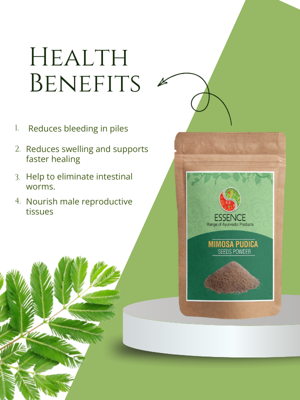 Herbal supplement packaging for Mimosa Pudica seed powder with health benefits info