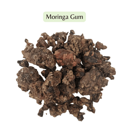 Moringa gum on a white background with 'Moringa Gum' label.