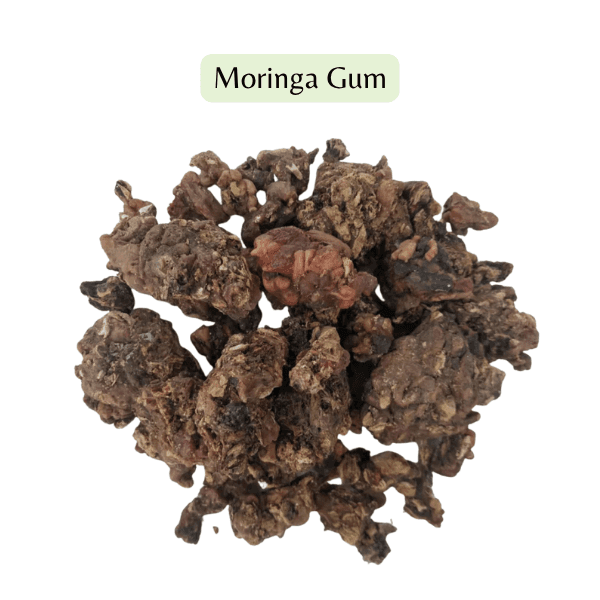Moringa gum on a white background with 'Moringa Gum' label.