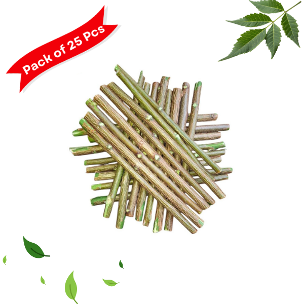 Pack of 25 neem sticks with green leaves on a white background