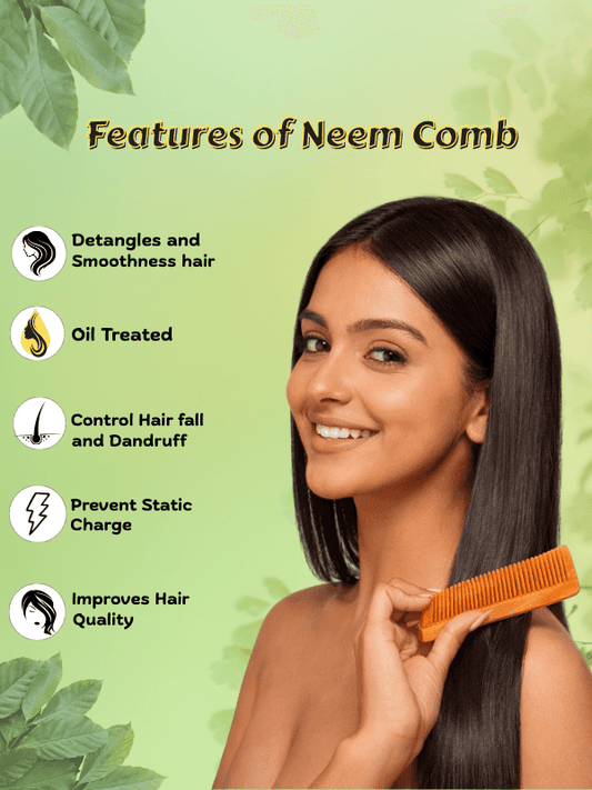 Woman with long hair using a neem comb against a green background with text on the features of the comb.