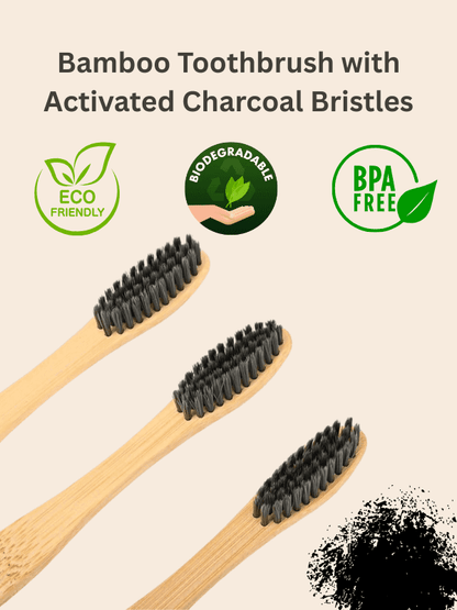 Organic Bamboo Toothbrush for Adults (Charcoal Activated Soft Bristles, Biodegradable, BPA Free) Pack of 4