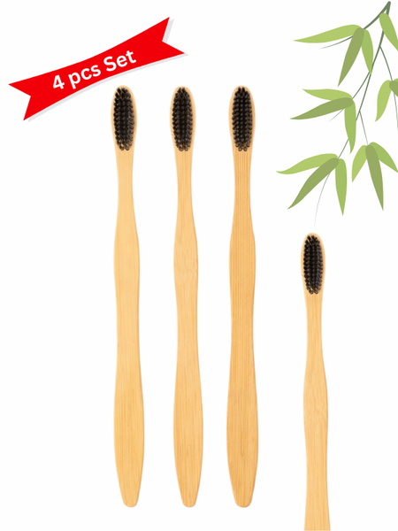 Organic Bamboo Toothbrush for Adults (Charcoal Activated Soft Bristles, Biodegradable, BPA Free) Pack of 4