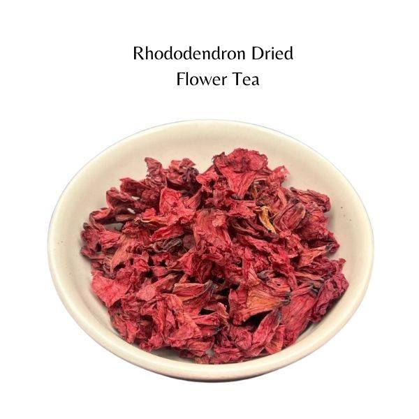 Dried rhododendron flowers in a white bowl with text 'Rhododendron Dried Flower Tea' on a white background.