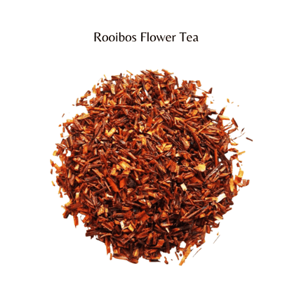 Rooibos flower tea leaves on a white background with 'Rooibos Flower Tea' text.