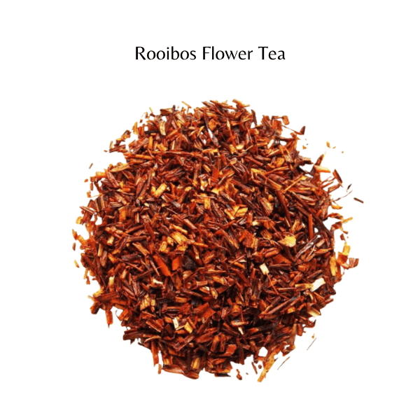 Rooibos flower tea leaves on a white background with 'Rooibos Flower Tea' text.