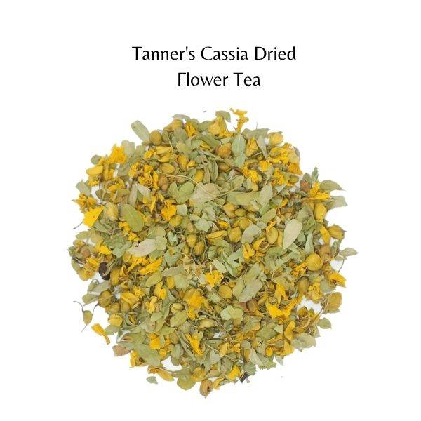 Dried Cassia flowers on a white background with text 'Tanner's Cassia Dried Flower Tea'.