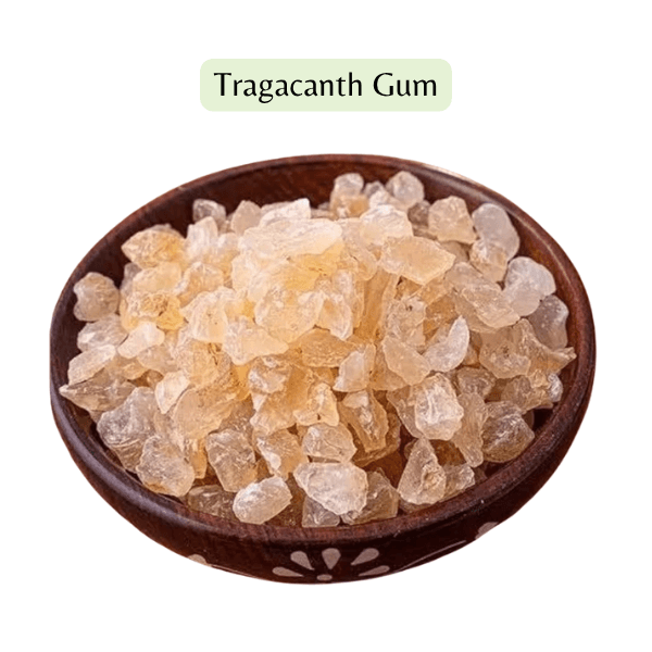 Tragacanth gum in a wooden bowl with 'Tragacanth Gum' text above on a white background