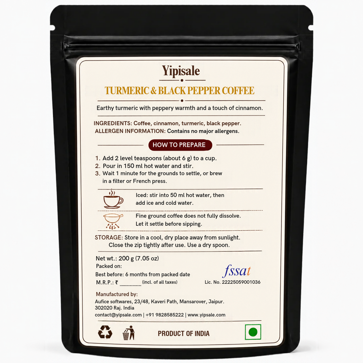 Turmeric & Black Pepper Coffee | Golden Spiced, Fine-Ground, 200 g